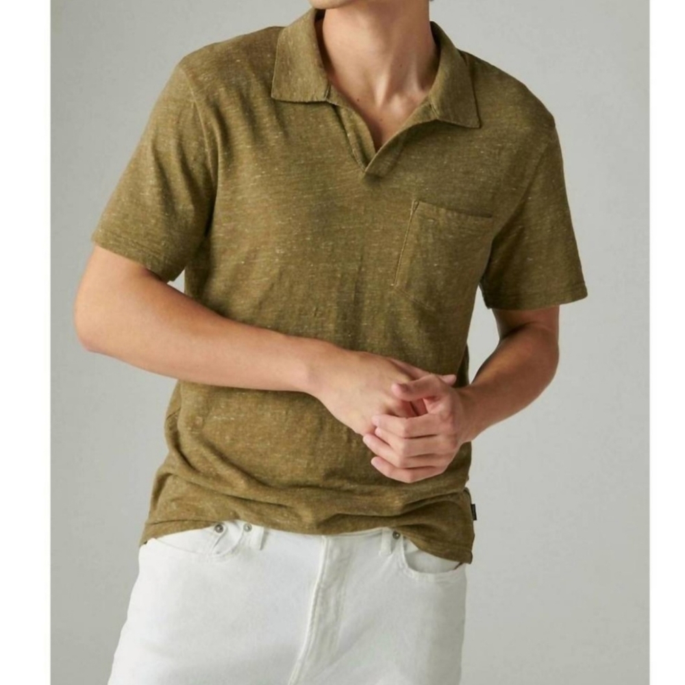NWT LUCKY BRAND Heathered Army Olive Green Linen Cotton Polo Size XXL